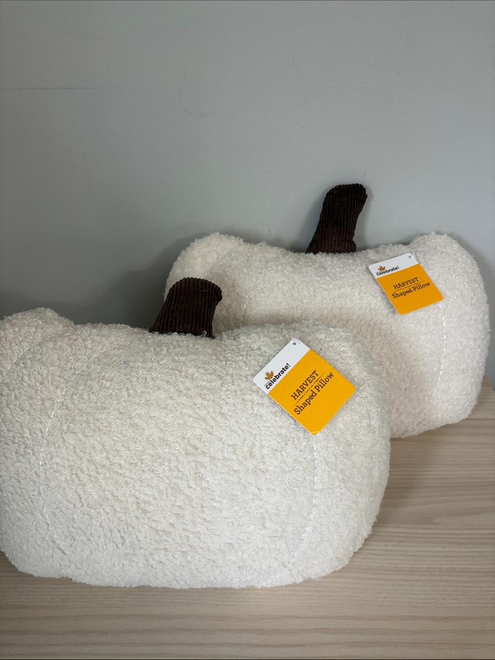 Celebrate It New! Cream Sherpa Pumpkin Pillows with Brown Corduroy Stem set of 2